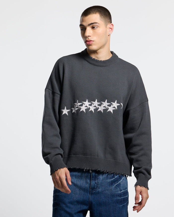 STARS KNIT INDIA INK - charcoal distressed knit sweater, front view on male model - Cold Culture #man