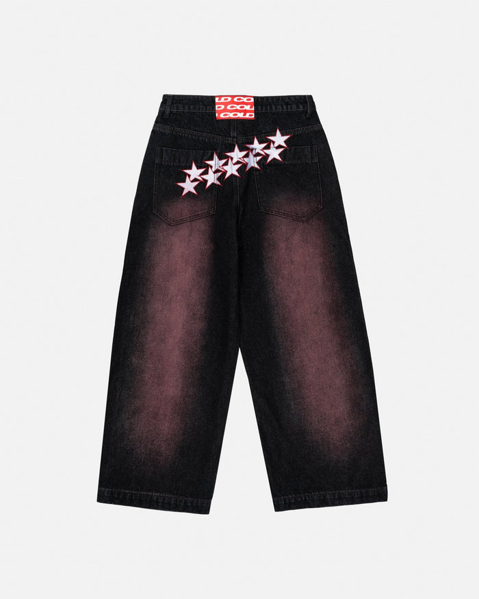 STARS V2 PANTS BURGUNDY - burgundy star embroidered pants, back view - Cold Culture