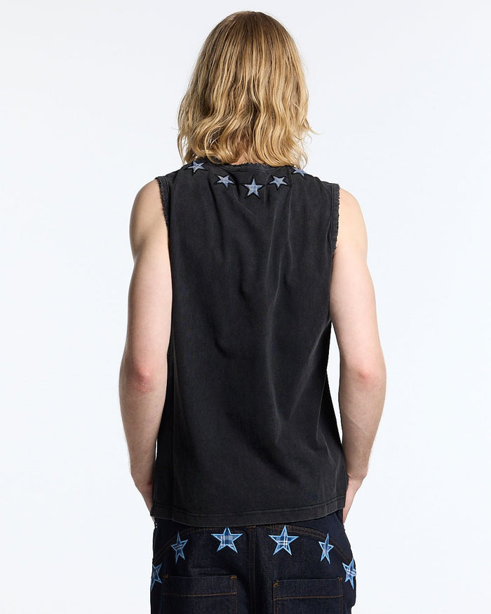 STARSHIP TOP BLACK - washed black sleeveless tee, back view on male model - Cold Culture #man