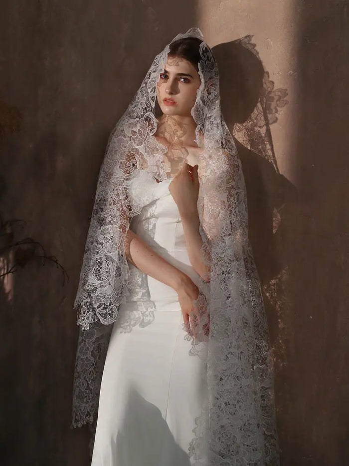 Statement Bold Floral Lace Mantilla Wedding Veil Elegant Scalloped Edge 70.86 Inches Cathedral Bridal Veil BV004 SHEER FAIRY