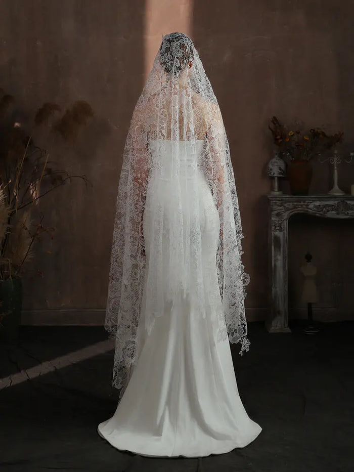 Statement Bold Floral Lace Mantilla Wedding Veil Elegant Scalloped Edge 70.86 Inches Cathedral Bridal Veil BV004 SHEER FAIRY