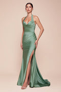 STETCH SATIN HALTER FITTED DRESS