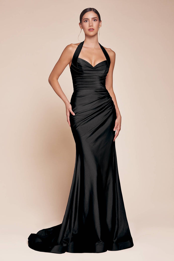 STETCH SATIN HALTER FITTED DRESS