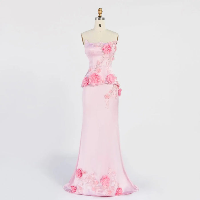 Strapless 3D Floral Satin Mermaid Gown Floor Length Formal Evening Dress ST007 Sheer Fairy