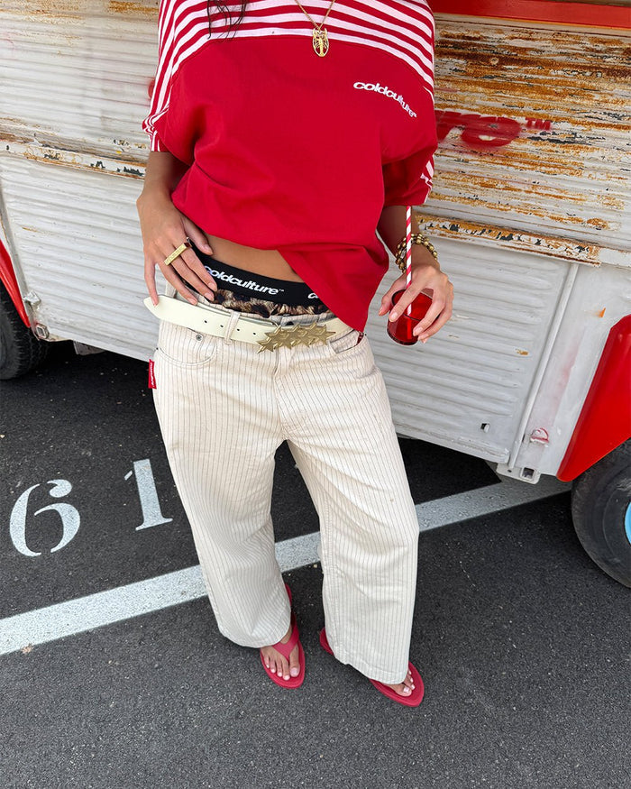 STRIPE FADE PANTS WHITE - white striped pants, street style shot - Cold Culture