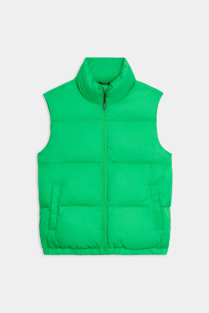 The SPLITS59 Summit Nylon Puffer Vest in Grass features lightweight insulation, a high collar, front zipper, and two side pockets—ideal for cool weather workouts. Shown laid flat on a white background.