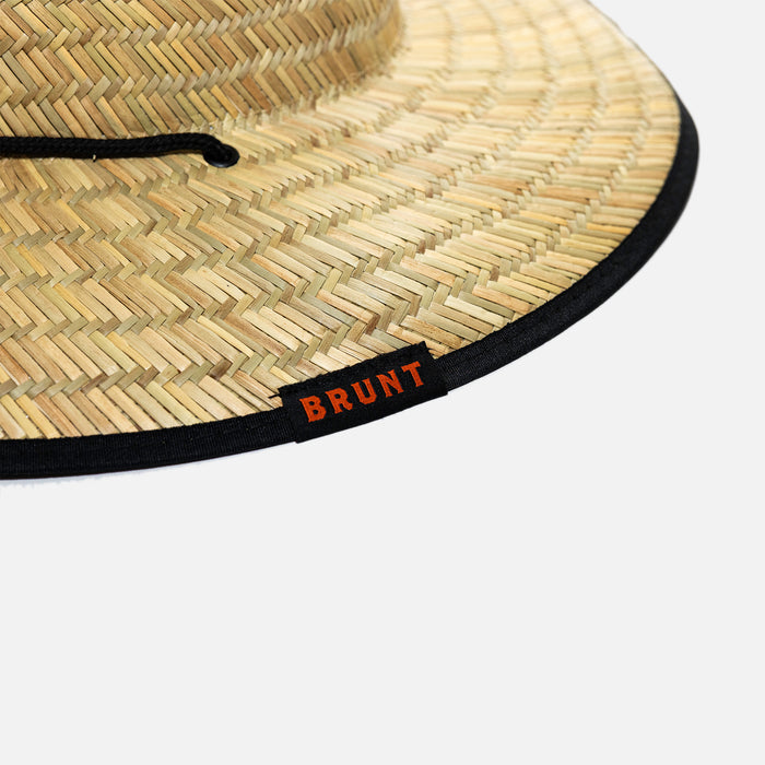Close up of BRUNT logo on brim of wide brim workers sun hat with BRUNT logo