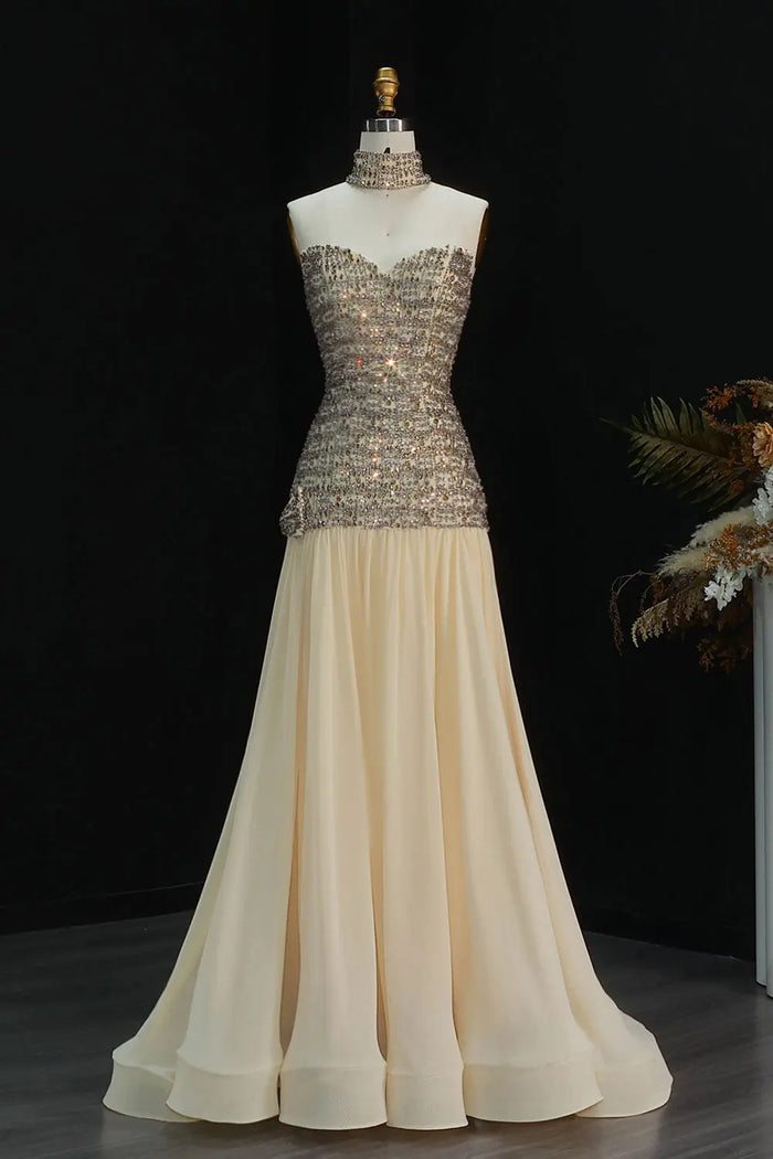 Sweetheart Gold Evening Dress with All-Over Crystal Beading & Flowy SS504 Sheer Fairy