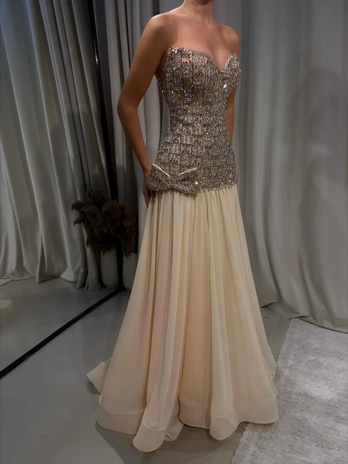 Sweetheart Gold Evening Dress with All-Over Crystal Beading & Flowy SS504 Sheer Fairy