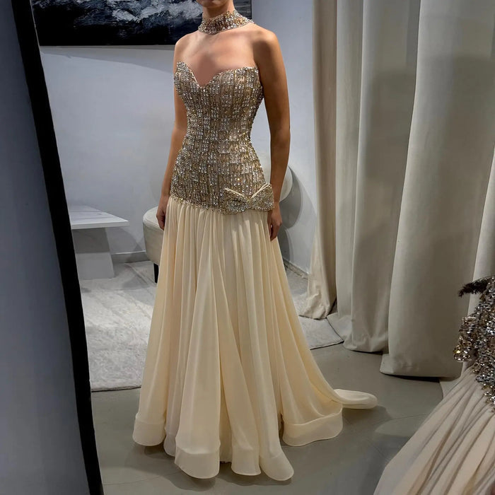 Sweetheart Gold Evening Dress with All-Over Crystal Beading & Flowy SS504 Sheer Fairy