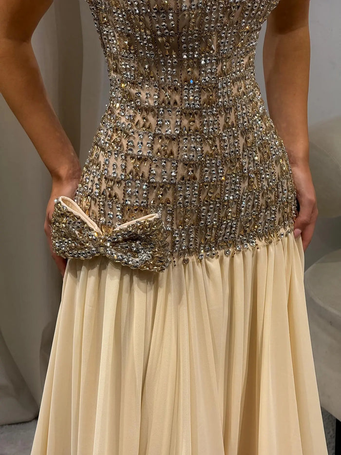 Sweetheart Gold Evening Dress with All-Over Crystal Beading & Flowy SS504 Sheer Fairy
