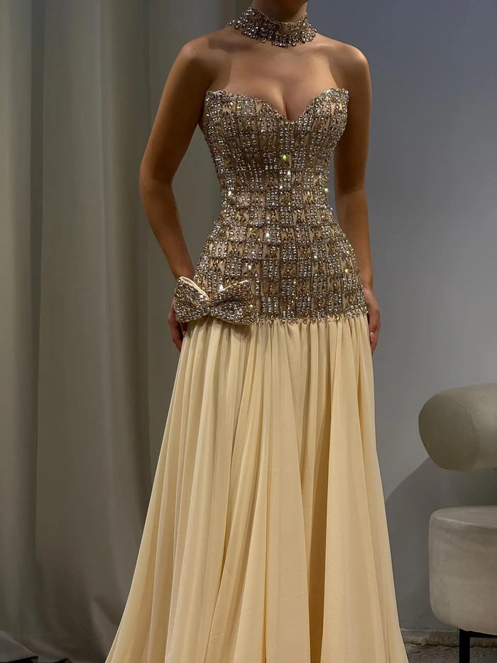 Sweetheart Gold Evening Dress with All-Over Crystal Beading & Flowy SS504 Sheer Fairy
