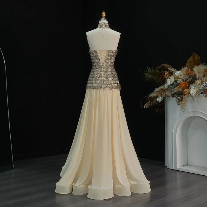Sweetheart Gold Evening Dress with All-Over Crystal Beading & Flowy SS504 Sheer Fairy