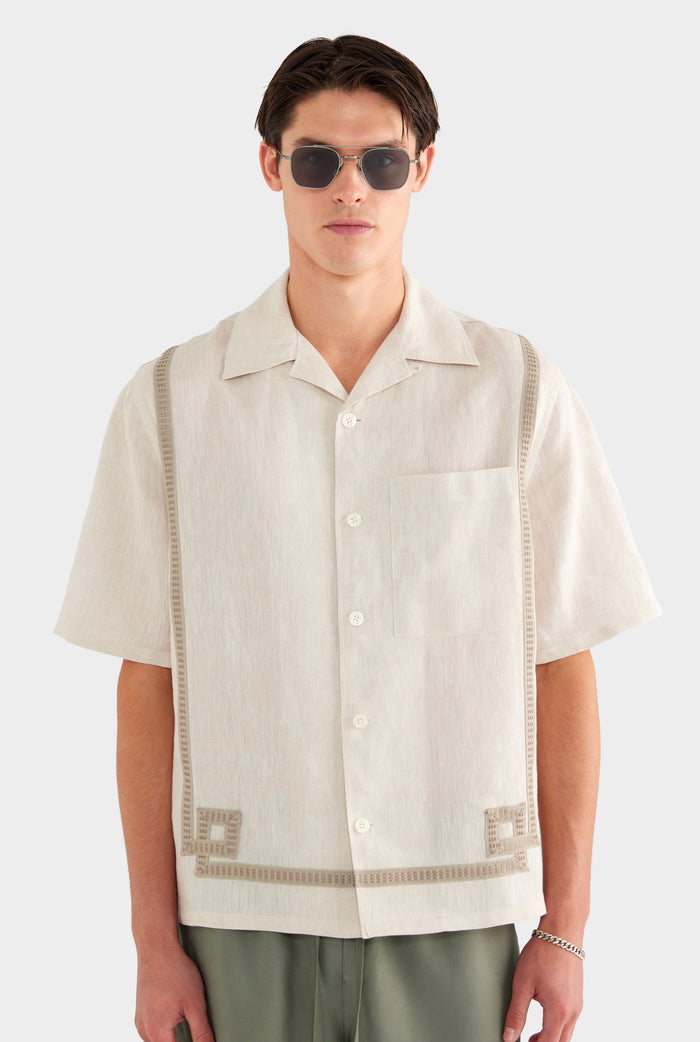 Tape Border Linen Camp Collar Shirt - Sand - XS