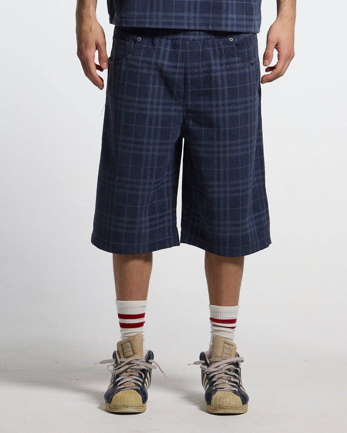 TARTAN CLUB SHORTS NAVY - navy check shorts, front view on male model - Cold Culture #man