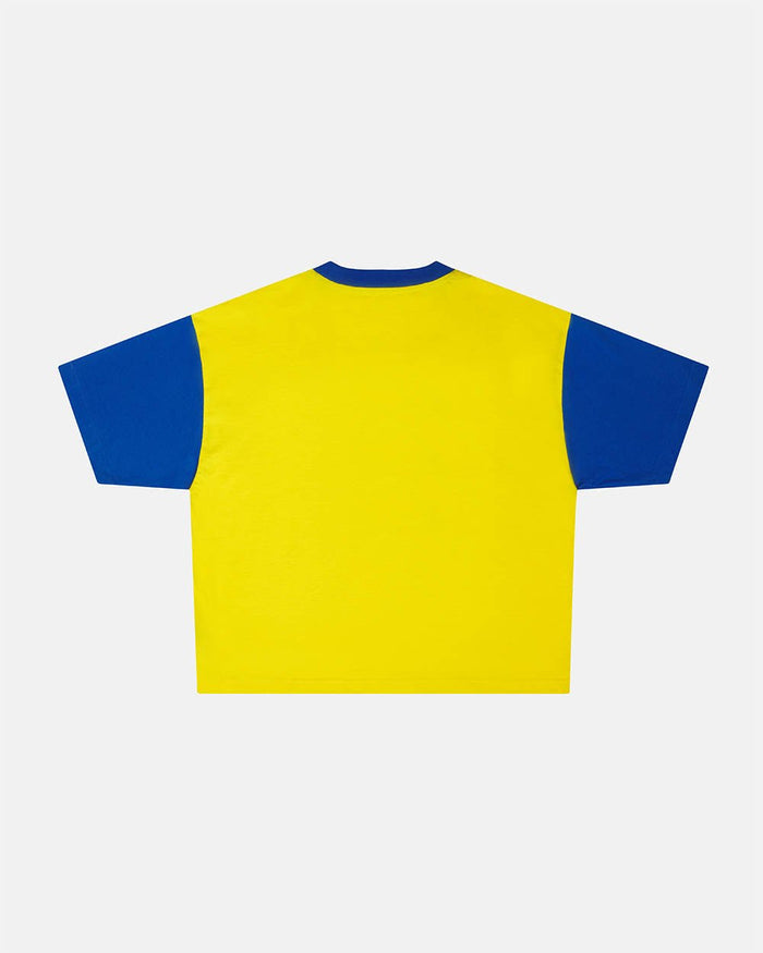 TEEN SPIRIT ERA TEE YELLOW AND BLUE - yellow and blue graphic print tee, back view - Cold Culture
