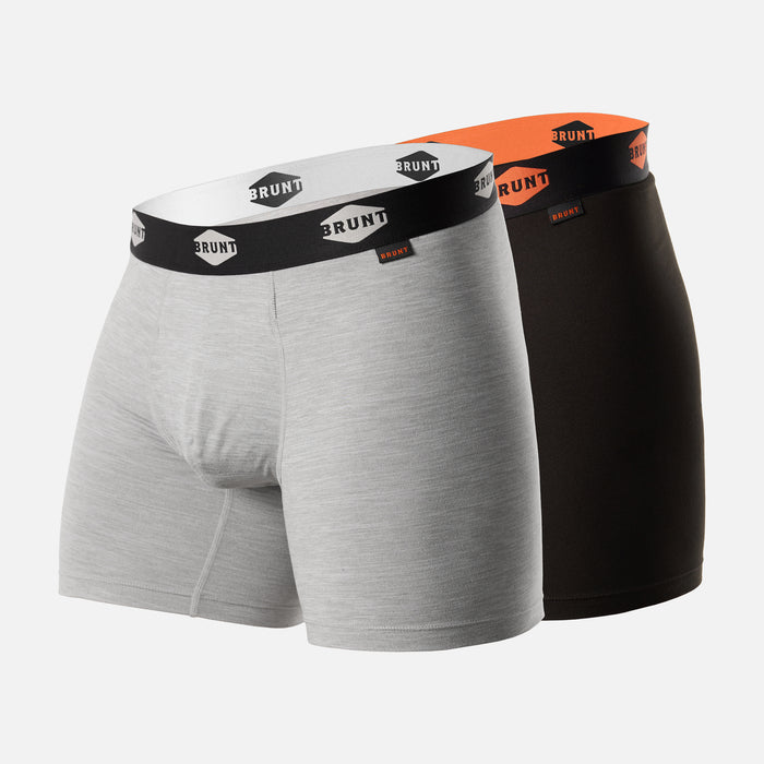 View 1 front of two of the 6 inch BRUNT comfort boxer in black and heathered grey  * 1