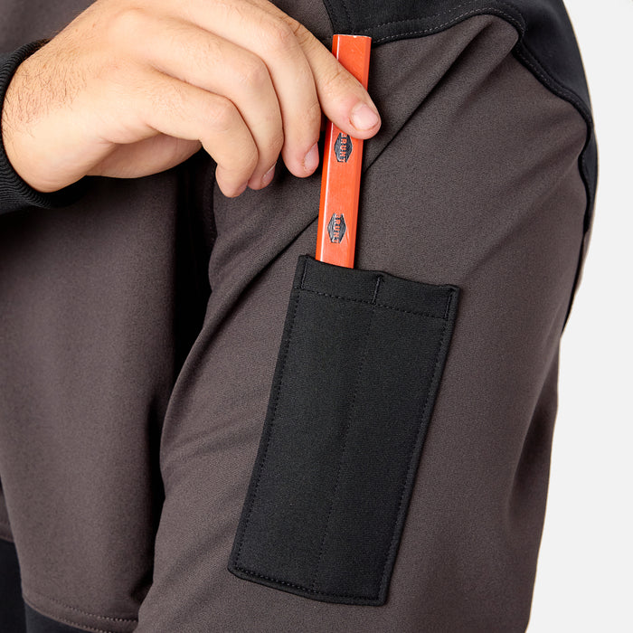 View 2 pencil pocket on sleeve of the BRUNT light weight work hoodie in charcoal * 0