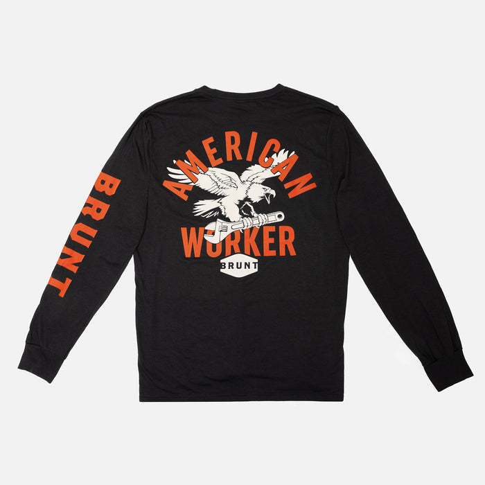 View 1 back of the long sleeve BRUNT high quality t-shirt in black with american worker graphic on back