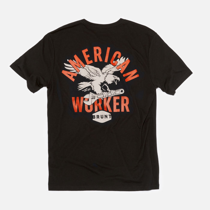 View 1 back of the BRUNT high quality t-shirt in black with american worker graphic on back