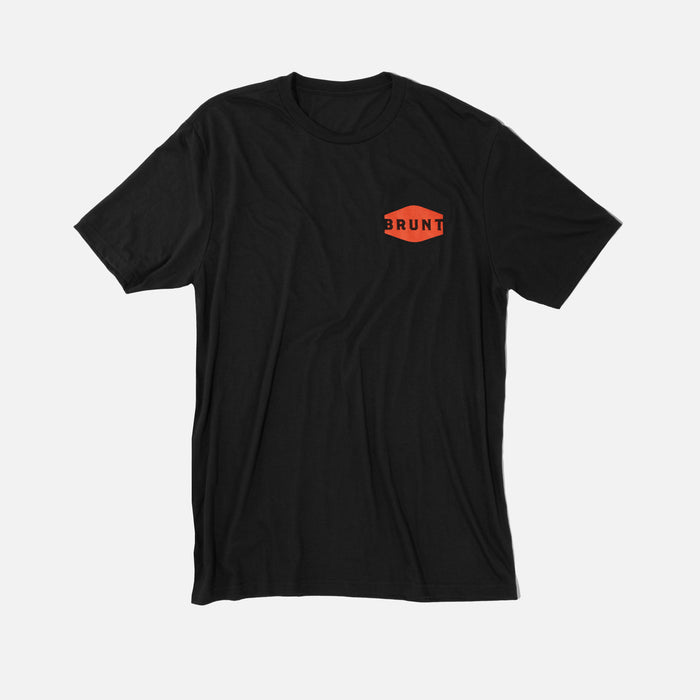 Front of the BRUNT high quality t-shirt in black with american worker graphic on back
