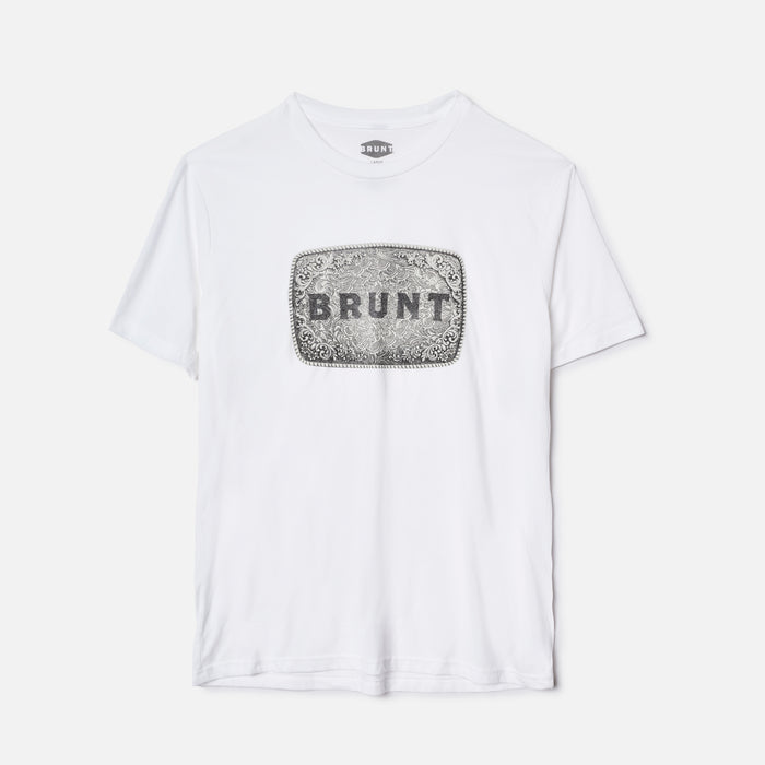 View 1 front of the BRUNT high quality t-shirt in white with belt buckle graphic on front * 0