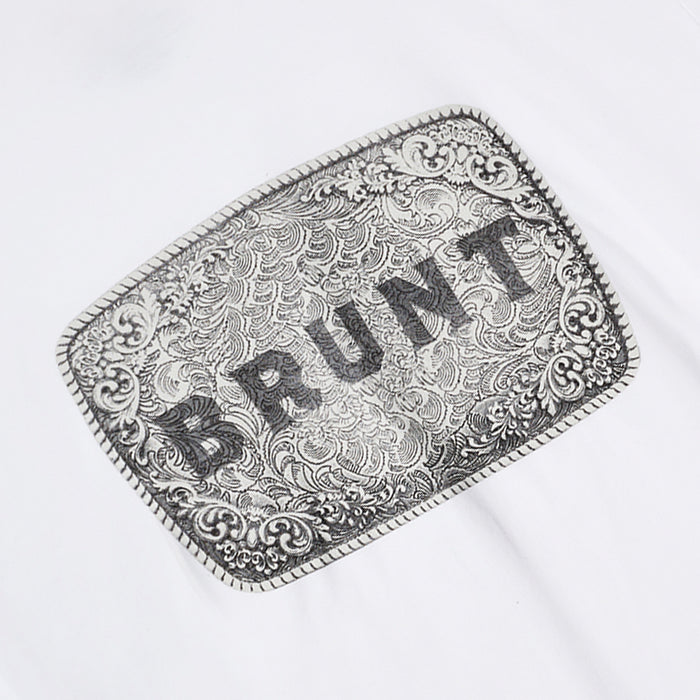 View 2 graphic of the BRUNT high quality t-shirt in white with belt buckle graphic on front * 0