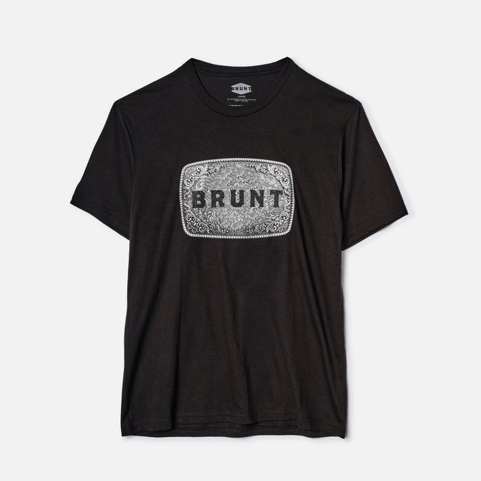 View 1 front of the BRUNT high quality t-shirt in black with belt buckle graphic on front * 1