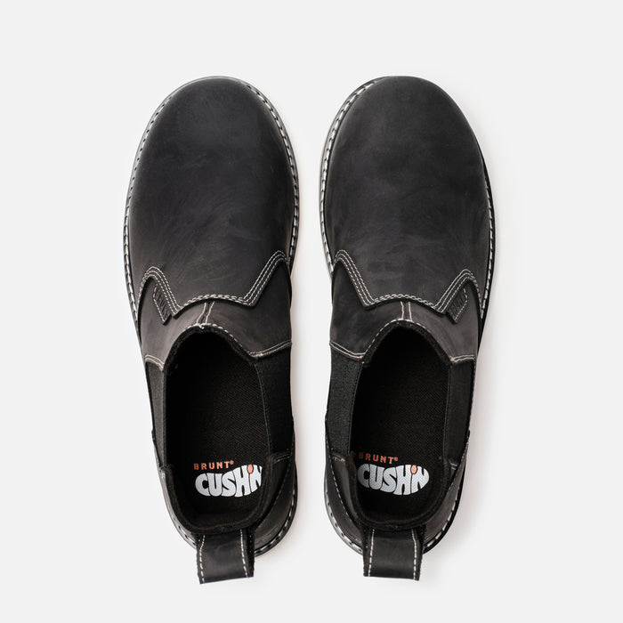 Above shot of the toe shape of the BRUNT 6 inch water-resistant slip-on ohman work boot in black
