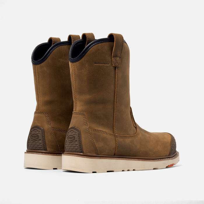 45 degree angle of the back BRUNT 9 inch waterproof reinforced composite toe roper bolduc work boot in brown