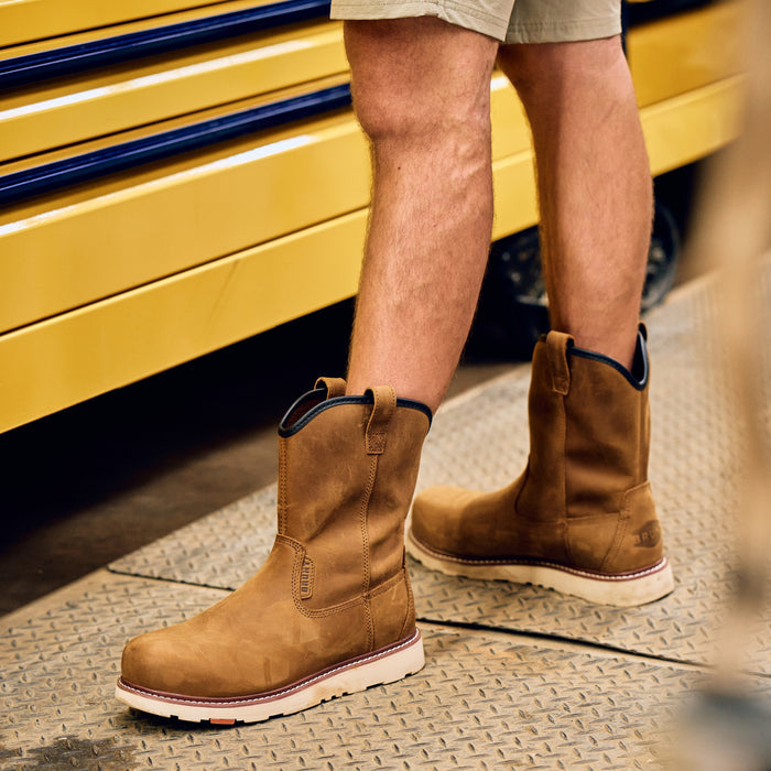 BRUNT 9 inch water-resistant unlined composite toe roper bolduc work boot in brown on the jobsite