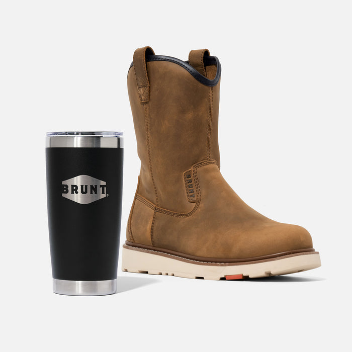 BRUNT 9 inch water resistant unlined soft toe roper bolduc work boot in brown with 20oz BRUNT tumbler in black
