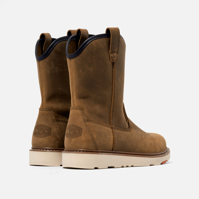 45 degree angle of the back BRUNT 9 inch water-resistant unlined soft toe roper bolduc work boot in brown