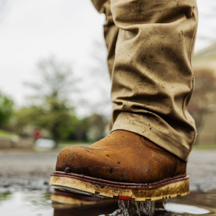 BRUNT 9 inch waterproof composite toe roper bolduc work boot in brown on the job stepping in water * 0
