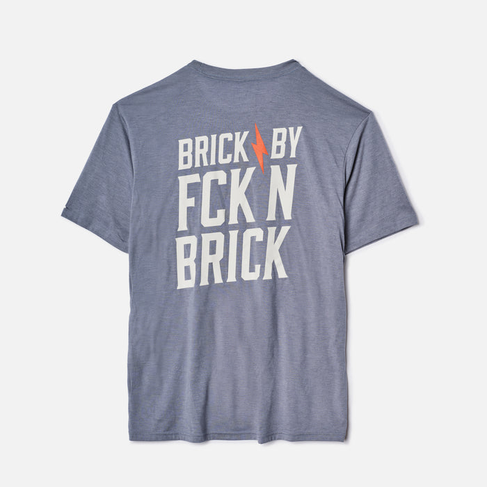 View 1 back of the BRUNT high quality t-shirt in light blue heather with brick x brick graphic on back * 1
