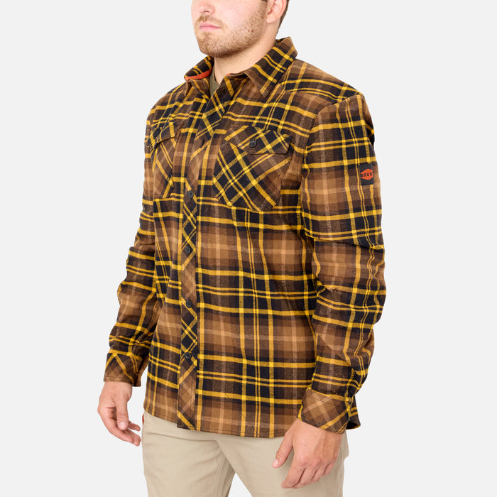 45 degree angle of the left BRUNT heavy duty stretch work flannel in brown plaid * 0