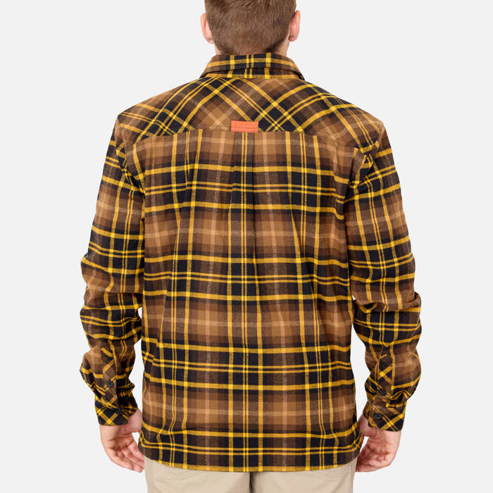 Back of the BRUNT heavy duty stretch work flannel in brown plaid * 0