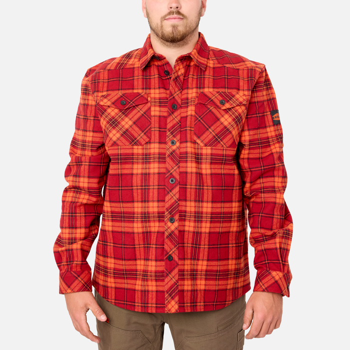 View 1 front of the BRUNT heavy duty stretch work flannel in orange plaid * 1
