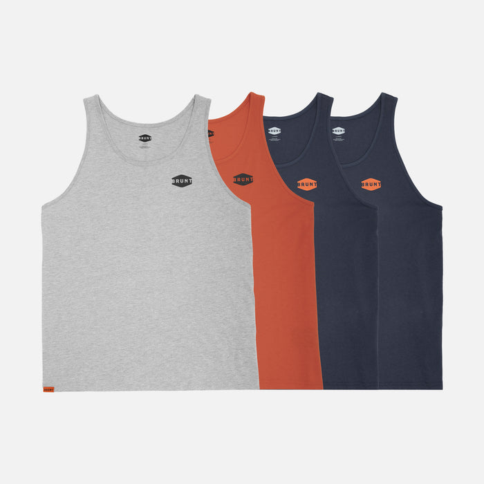 View 1 four BRUNT comfortable work tank top in light grey heather, BRUNT orange, and two navy