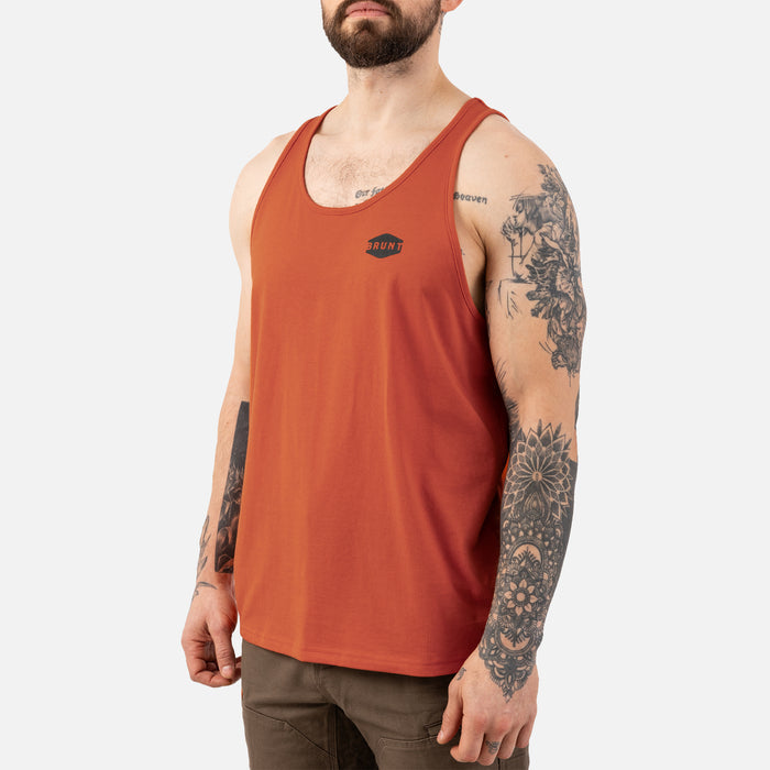 45 degree angle of front left of the BRUNT comfortable work tank top in BRUNT orange