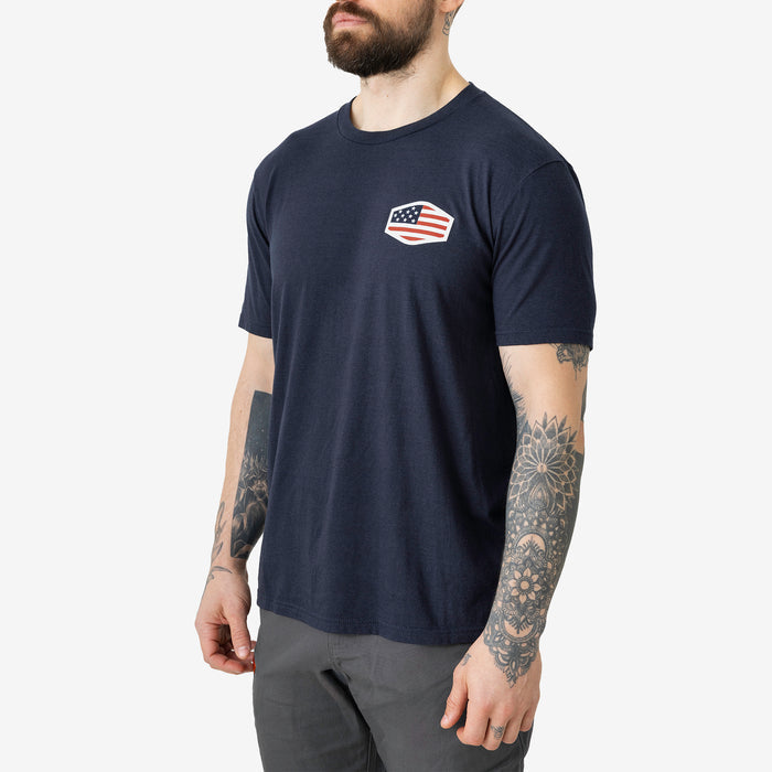 45 degree angle of the front left of the limited edition BRUNT high quality t-shirt in dark navy