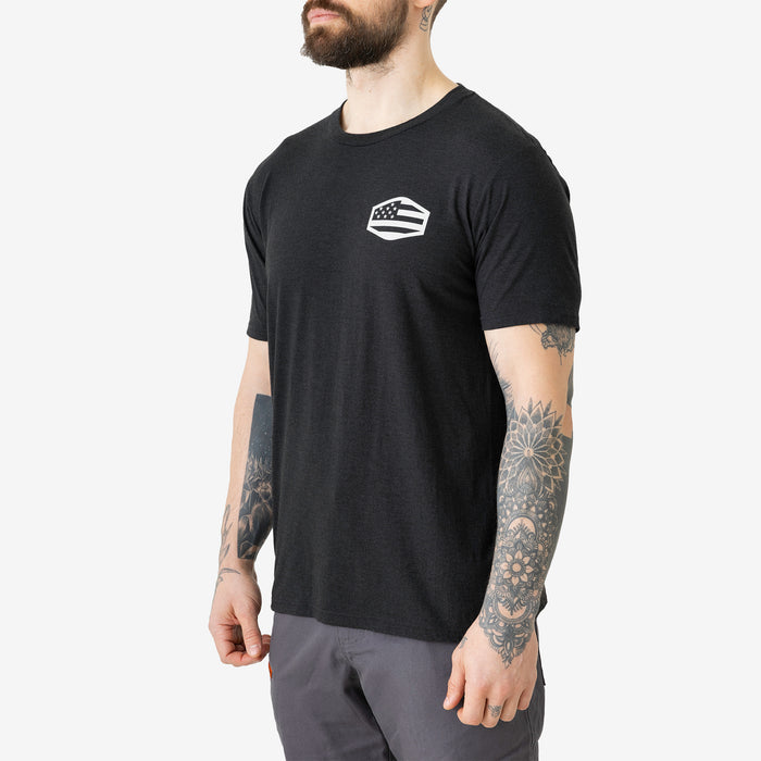 45 degree angle of the front left of the limited edition BRUNT high quality t-shirt in black frost