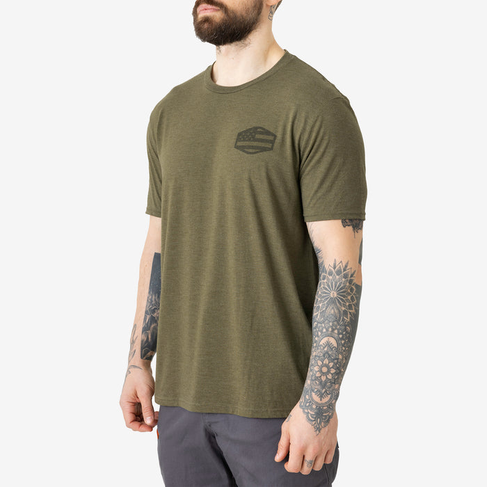 45 degree angle of the front left of the limited edition BRUNT high quality t-shirt in military green frost