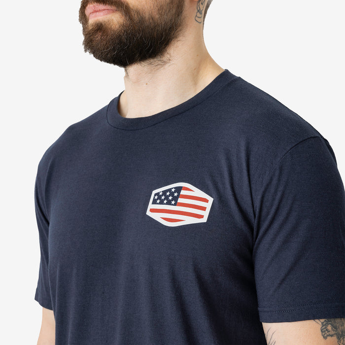 Close up of the front logo of the limited edition BRUNT high quality t-shirt in dark navy