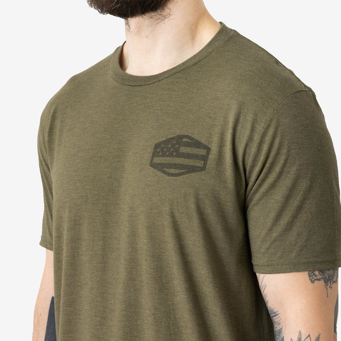 Close up of the front logo of the limited edition BRUNT high quality t-shirt in military green frost