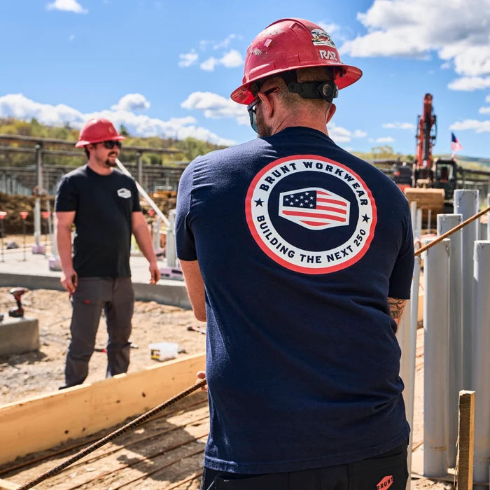 Men on jobsite wearing the limited edition BRUNT high quality t-shirt in dark navy and black frost