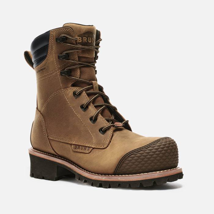 View 2 45 degree angle of the right BRUNT 9 inch welted logger reinforced comp toe work boot in brown