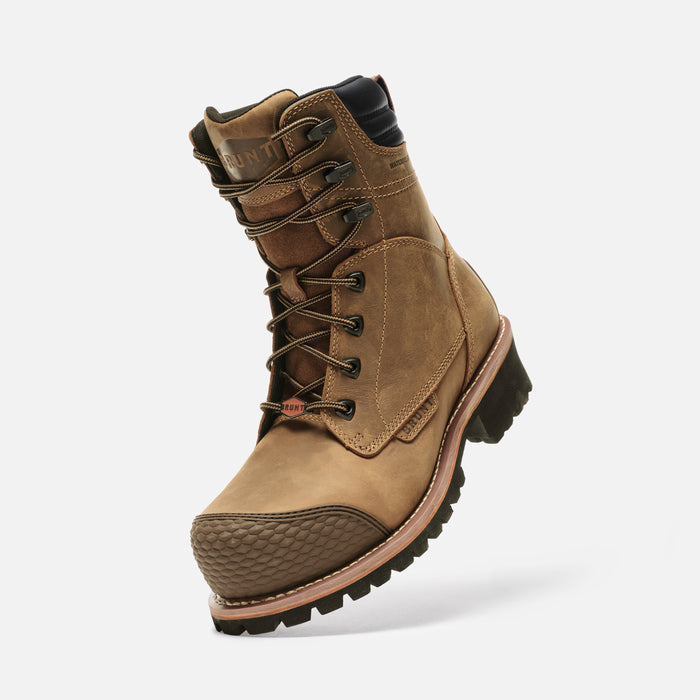 45 degree angle of the left BRUNT 9 inch welted logger reinforced comp toe work boot in brown