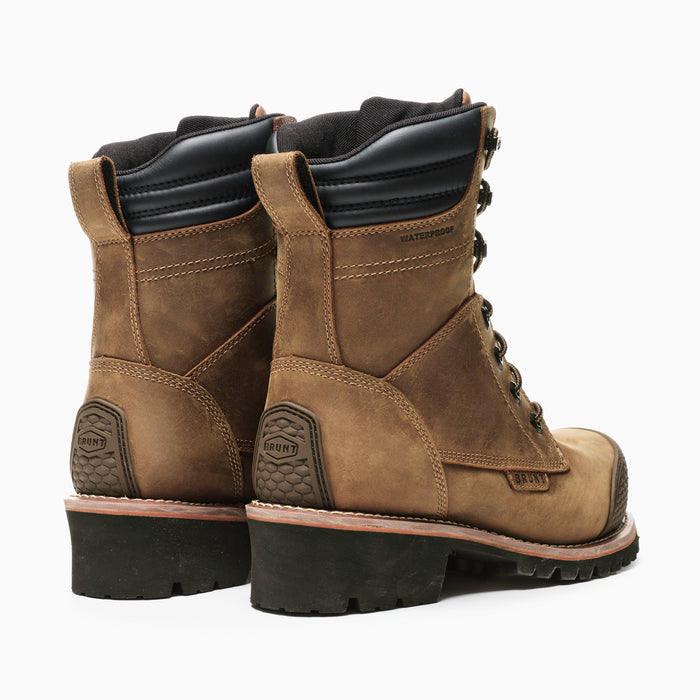 45 degree angle of the back BRUNT 9 inch welted logger reinforced comp toe work boot in brown