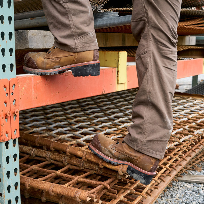 BRUNT 9 inch welted logger reinforced comp toe work boot in brown on the jobsite
